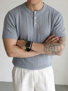 Men's Neutral Crew Neck Pullover, Casual Commute Versatile Business Solid Color Half-Open Collar Textured Short Sleeve Loose Fit Knit Top, Spring/Summer - Grey - View 2