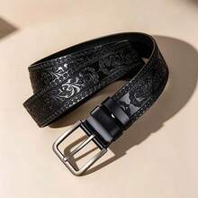 Vintage Men's Belt With Embossed Design And Alloy Buckle, Practical And High-Quality - Black - View 2