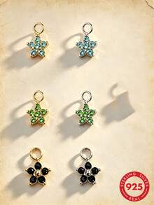 1pc S925 Sterling Silver Exquisite Full Rhinestone Pentagram & Small Flower Pendant DIY Accessory, Multi-Color Rhinestone Flower Charm For Handmade Jewelry - Gold - View 1