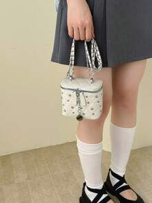 1PC Mini Embroidered PU Square Box Crossbody Bag, Rhinestone Chain Accessory, PU Thin Crossbody Strap, Sweet Girl Style Daily Storage Bag; Quilted PU Square Box Handbag Mini Crossbody Bag; Sweet Girl Asymmetric Neck Bag; Diamond Leather Chain Bucket Bag, Mini Size, Handheld And Crossbody, Makeup Bag - Beige - View 9