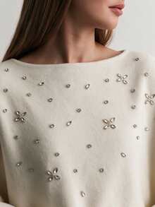 Vuslat Women's Autumn French Style Cream White Heavy Rhinestone & Beaded Cape Top, Scattered Floral Rhinestone & Beaded Design, Asymmetrical Triangular Hemline, Suitable For Evening Party, Wedding Guest, Holiday Party, Elegant Date, Light Business Commute, Streetwear - Apricot - View 5