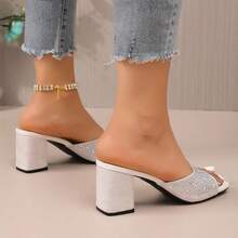 Shiny Rhinestone Chunky Heel High Heel Slides, Women's Square Toe Open Toe Outdoor Party Banquet Sandals - Beige - View 6
