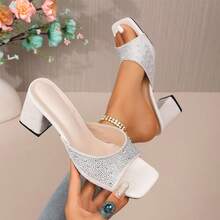 Shiny Rhinestone Chunky Heel High Heel Slides, Women's Square Toe Open Toe Outdoor Party Banquet Sandals - Beige - View 1