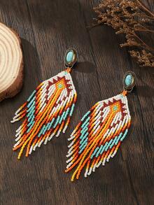 SOUL BEADING Handmade Beaded Tassel Stud Earrings For Women, Fashionable Dangle Earrings, Bohemian Style, Orange And White Contrast Pattern, Geometric Asymmetrical Design, Exaggerated And Fun, Suitable For Daily Wear, Versatile Style, Party And Dance, Thoughtful Gift For Family And Friends - Beaded Tassel - View 3