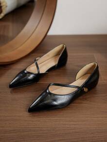 New French Style Pointed Toe Thin Strap Side Cutout 3cm Hidden Height Increase Flat Ballet Shoes Soft Sole Slip-On Mary Jane Shoes For Office Commute - Black - View 2