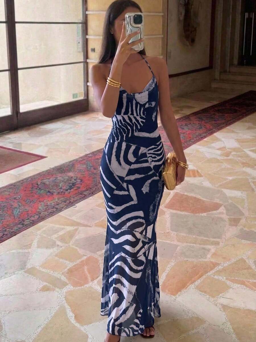 Tropical Leopard Print Backless Dress For Vacation Vacation Beach Pink Zebra Print Summer - Navy Blue - View 1