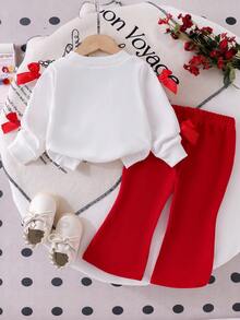 Baby Girl Sweet Academy Casual Style 2-Piece Set, Faux Sequin Large Bow Print Sleeve With Bow Decor Crew Neck Sweatshirt + Bright Red Flared Long Pants - Red - View 3