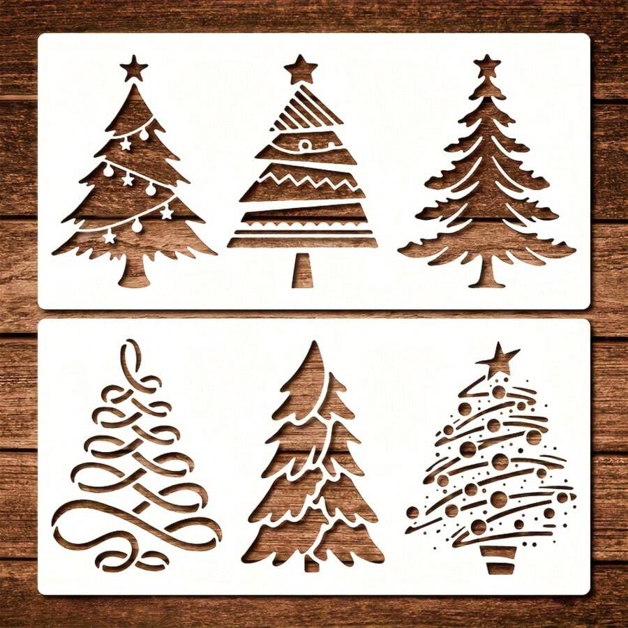 2 Sets Of 6pcs Christmas Tree Stencil Set, 11.8X5.9 Inches, Reusable Plastic Material, Multiple Design Patterns, Suitable For Painting, Crafts, Home Decor, Wood, Walls, Windows, Greeting Cards, Canvas, Art Supplies - A - View 1