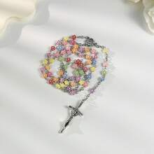 彩色櫻花天主教玫瑰念珠項鍊附十字架吊墜，女性祈禱靈性珠寶項鍊 - 彩色 - 查看 5