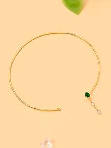 outingfit 1pc Women's Elegant Gold Open Collar Necklace, Embellished With Green Marquise Drop Teardrop Decor, Suitable For Wedding, Party, Date And Vacation Wear - Gold - View 3
