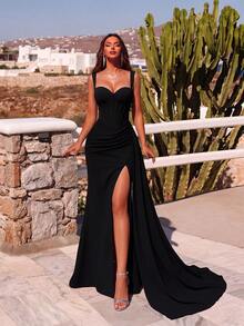ADYCE Elegant Thick Strap High Waist High Slit Cinched Waist Backless Tie-Up Floor Length Evening Gown, Suitable For F - Black - View 1