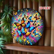 2D Flat Single-Piece Colorful Butterfly With Vibrant Ink Splatter Effect, Modern Art Round Sign With Bold Colors, Perfect For Home, Office, Cafe Decor, Pre-Drilled Holes, Style As Shown In Size Chart - Multicolor - View 5