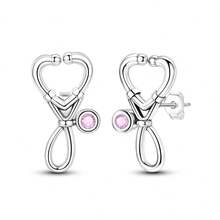 1Pc Silver Color Stethoscope Heart Stud Earrings Pink Zirconia Medical Theme Design Jewelry Gift For Nurse Doctor Lady Gift Accessory Elegant Women - Silver - View 5