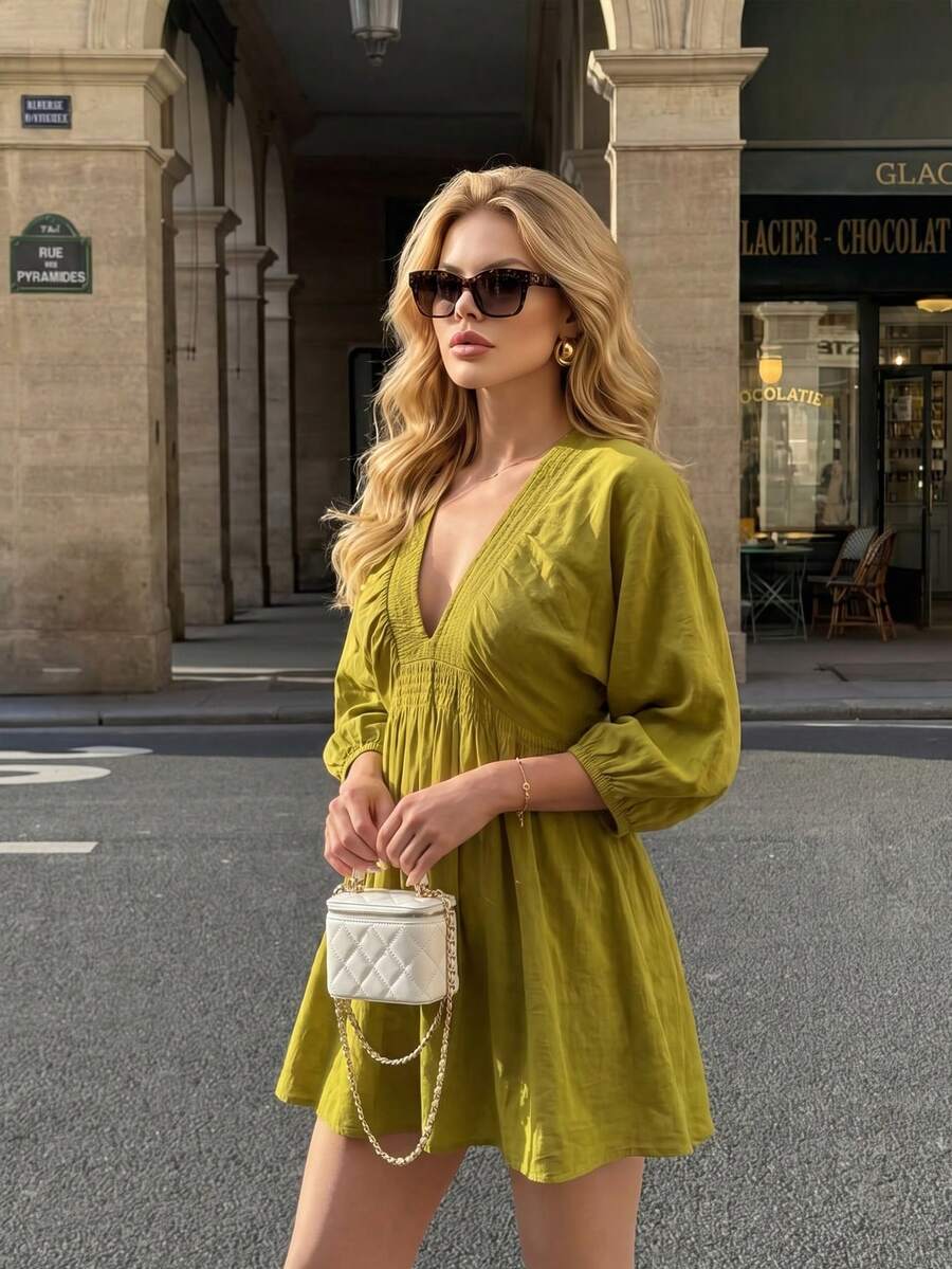 春夏秋新款優雅時尚街頭性感深V領泡泡袖修身半透休閒短洋裝,輕盈透氣度假風波希米亞與西部熱帶陽光洋裝 - 橄欖綠 - 查看 1