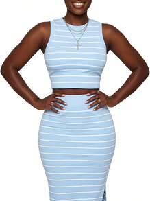 Blazique Women's Striped Colorblock Casual Elegant Party Ribbed Slit Beach Tank Top And Skirt 2pcs Set Summer - Light Blue - View 2