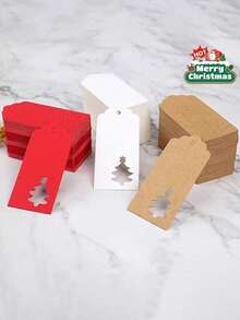 50pcs Red Christmas Tree Design Kraft Paper Cards, 50pcs Kraft Paper + 10m Jute Rope Set, Suitable For Packaging And Hanging Decorations, Perfect Gift Tags And Ornaments. - Multicolor - View 1