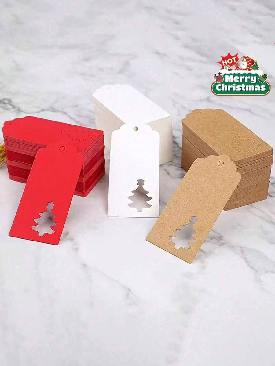 50pcs Red Christmas Tree Design Kraft Paper Cards, 50pcs Kraft Paper + 10m Jute Rope Set, Suitable For Packaging And Hanging Decorations, Perfect Gift Tags And Ornaments. - Multicolor - View 1
