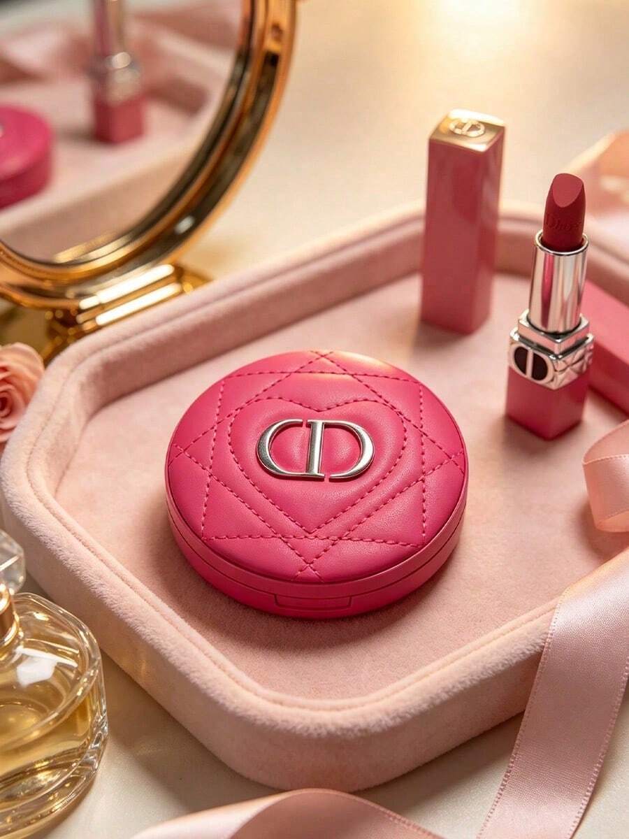 Dior Women's Rose Red Double-Sided Makeup Mirror - Authentic Counter Quality, Portable Makeup Mirror With Silver Logo, Easily Fits In Handbag, Perfect Gift For Women And Makeup Enthusiasts. - Rose Red - View 1