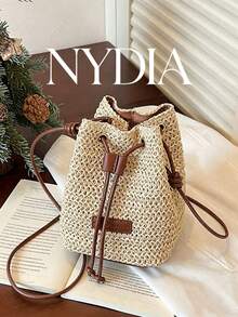 1pc Summer Vacation Style Straw Bucket Bag, Retro Drawstring Shoulder Crossbody Bag, Minimalist Solid Color Leather Label Decor Handbag, Versatile For Beach, Travel, Commute, Daily Outfit - Beige - View 2