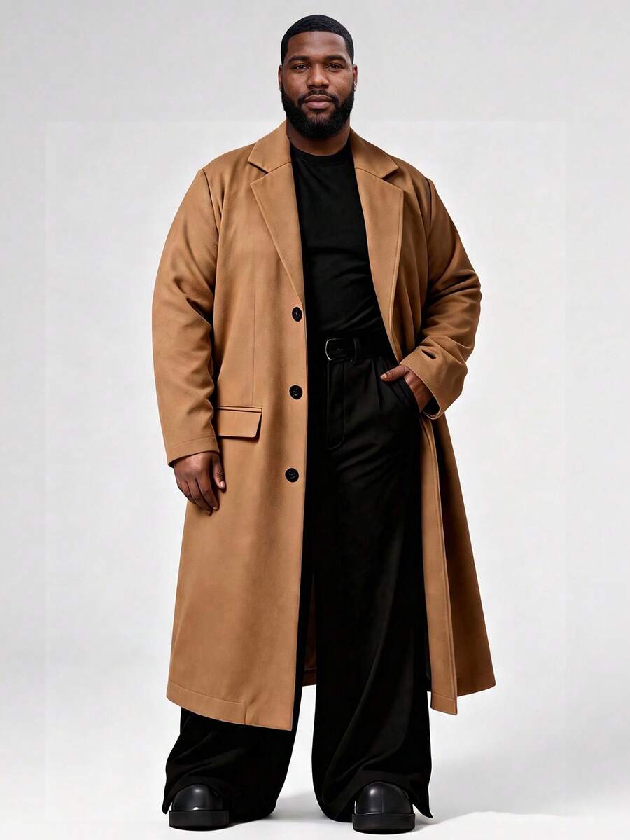 Men's Popular Fashion Classic Solid Color Wool Blend Long Sleeve Daily Business Casual Formal Minimalist Street Style Commuter Winter New Mid-Length Plus Size Coat - Khaki - View 1