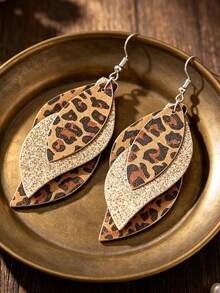 1 Pair New Vintage Leopard Print Layered Faux Leather Sequins Earrings - Leopard - View 4
