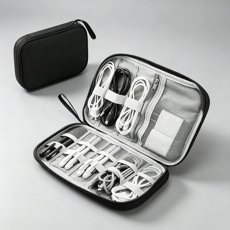 Portable Cable Storage Bag For Electronic Accessories, Black, USB Cable Organizer For Travel - View 1