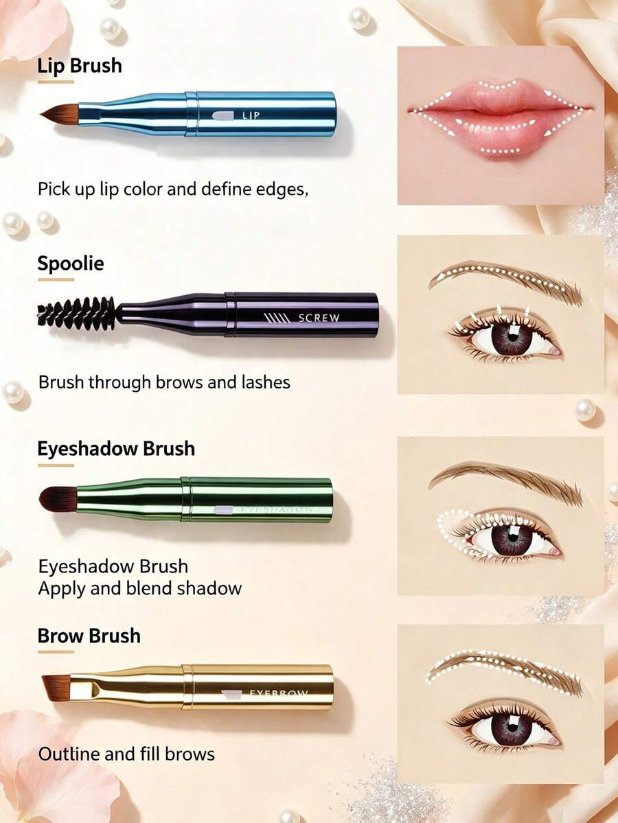 1/2Pcs 4-In-1 Portable Makeup Brush Set, Makeup Brush Set With Metal Handle, Multi-Functional Mini Powder Brush, Including Eyebrow, Lip, Lash & Eyeshadow Brushes, Travel Essential Daily Beauty Accessory, Ideal Makeup Gift Set For On-The-Go Use
