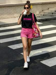 女款休閒字母印花T恤，夏季黑色 - 黑色 - 查看 3