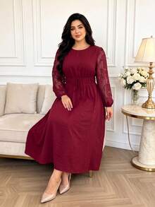 Gaun Tunik Burgundy Ukuran Plus Wanita dengan Lengan Panjang Bordir, Gaun Formal Musim Gugur Panjang Midi Model A-Line - Merah - View 3