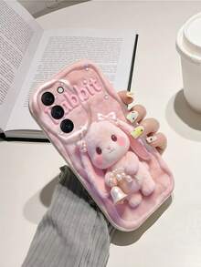 1pc Creamy Big Wave InsD Plush Pink Droopy Ear Rabbit Pearl Bow Bell Pattern Phone Case, Milky White Wave Texture Full Coverage Lens Soft Shell Compatible With Samsung, Series Phones - White - View 2