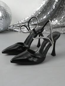 Women's Black Pleated Pointed Toe Slingback High Heels, Double-Layer Rhinestone Stilettos Adjustable Slide Buckle Wine Glass Stiletto Formal Pumps - Black - View 11