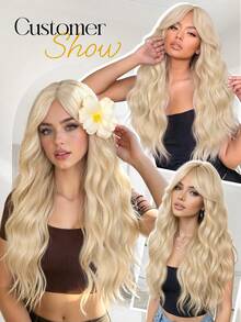 Blonde Wave Wig With Bangs Long Wavy Wig For Women 26 Inch | Soft Synthetic Fiber, Natural Bangs, Beginner Friendly, Daily And Halloween Wear - Multicolor - View 7