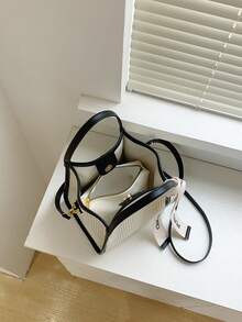 Dedoo Letter Ribbon Decor Contrast Color Trim Square Bag (Random Silk Scarf Gift) - Multicolor - View 6