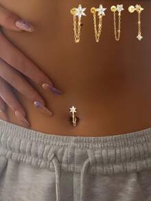 1pc 925 Sterling Silver Threaded Flat Head Navel Piercing, With Tassel Chain And Rhinestone Inlay, Suitable For Daily Wear, Exquisite Gift Choice - Single Earring Accessories - View 1