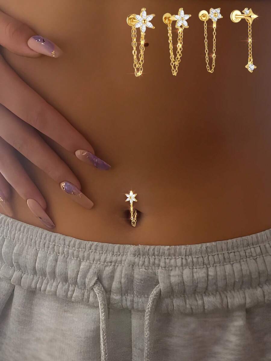 1pc 925 Sterling Silver Threaded Flat Head Navel Piercing, With Tassel Chain And Rhinestone Inlay, Suitable For Daily Wear, Exquisite Gift Choice - Single Earring Accessories - View 1