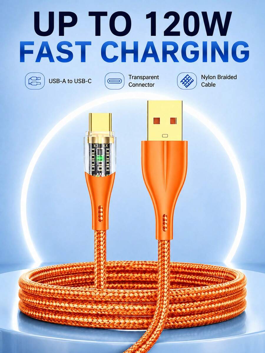 Kabel Pengisian Cepat USB A ke USB C 120W, Kabel Pengisi Daya Tipe C dengan Transfer Data 480Mbps, Kabel Data USB-C Jalinan Nilon untuk Ponsel, Tablet, dan Power Bank - Jeruk - View 1