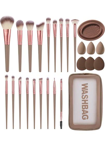 1/7/26PCSMakeup Tool :18Pcs Coffee‑Tone Makeup Brushes Set With Wash Bag & Cleaning Bowl,Multi‑Size Blending Sponges,Soft Face Eye Cosmetic Brushes,Beauty Tools For Daily Facial Makeup