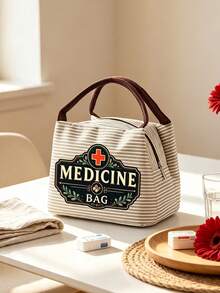Striped Medicine Bag With "Medicine Bag" Text And Pill Bottle Pattern - Compact Pill Storage Bag And First Aid Kit, Portable Medication Storage Solution For Daily, Outdoor And Dorm Use, Multi-Functional Fabric First Aid Bag Designed For Health-Conscious And Frequent Travelers, Suitable For Travel And Outdoor Activities - Multicolor - View 1