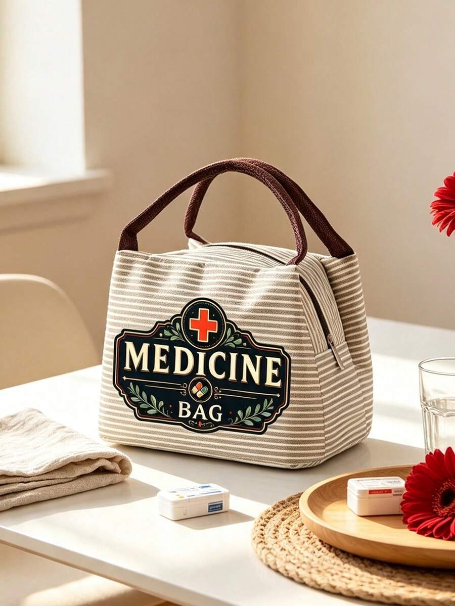 Striped Medicine Bag With "Medicine Bag" Text And Pill Bottle Pattern - Compact Pill Storage Bag And First Aid Kit, Portable Medication Storage Solution For Daily, Outdoor And Dorm Use, Multi-Functional Fabric First Aid Bag Designed For Health-Conscious And Frequent Travelers, Suitable For Travel And Outdoor Activities - Multicolor - View 1