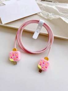 Cute Charger And Data Cable Protector Set, Compatible With Apple 20W Charger, Includes Cable Protector, Cable Organizer And Plug Cover, 4-Piece Charger Protector Set - Pink - View 7