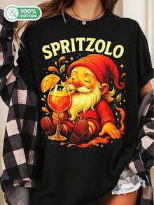 Funny Drinking Gnome Spritzolo Aperol Spritz Cotton T-Shirt - Italian Cocktail Humor Tee.Jpg - 黑色 - 查看 1