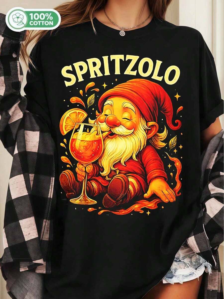 Funny Drinking Gnome Spritzolo Aperol Spritz Cotton T-Shirt - Italian Cocktail Humor Tee.Jpg - 黑色 - 查看 1