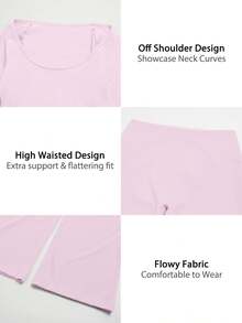 TimeOff Women's One Set Solid Color Open Shoulder Off Shoulder Mid-Sleeve Fitted Top And Wide Leg Long Pants - Pink - View 4