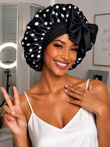 CONFLASS Polka Dot Satin Hair Bonnet With Big Bow, Single‑Layer Elastic Sleep Cap For Women, Curly Hair Protection Hat Back To School - Multicolor - View 6