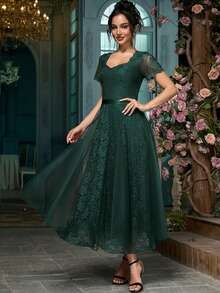Women's Sweetheart Neckline Lace Flowy Mesh Cocktail Party Dress Fall - Dark Green - View 5