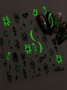 4 Sheets Luminous Glow‑In‑The‑Dark Halloween Nail Stickers For Women, Spider Web Bat Snake Gothic Design, Salon Effect DIY Manicure Decor - Multicolor - View 7