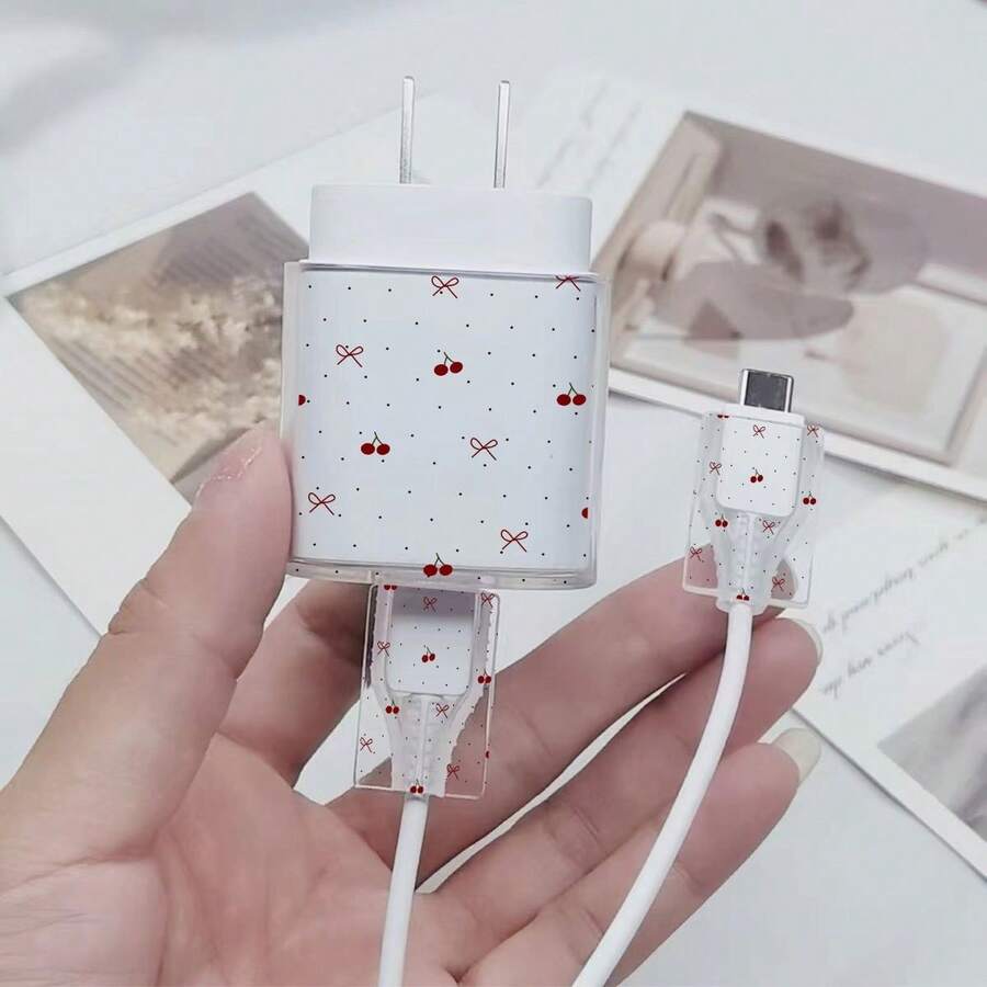 3件組 水墨櫻花蝴蝶結圖案透明充電器保護殼,附線材保護套與充電頭組,適用 20W/18W 充電器 - 彩色 - 查看 1