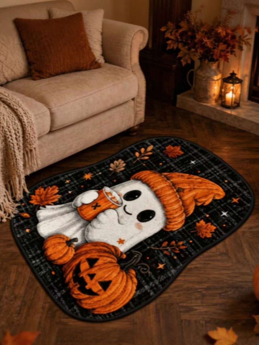 1pc Orange Cute Ghost With Hat Rug, Doormat, Small Rug, Welcome Mat, Carpet, Floor Mat, Outdoor Doormat, Kitchen Rug, Home Decor, Front Door Mat, Area Rug - Multicolor - View 1
