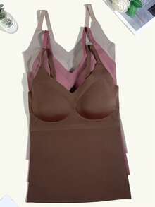 3pcs Plus Size Minimalist Solid Color Seamless Backless Camisole Bra, Summer Thin Wire-Free Push-Up Bra Tank Top For Women - Multicolor - View 2