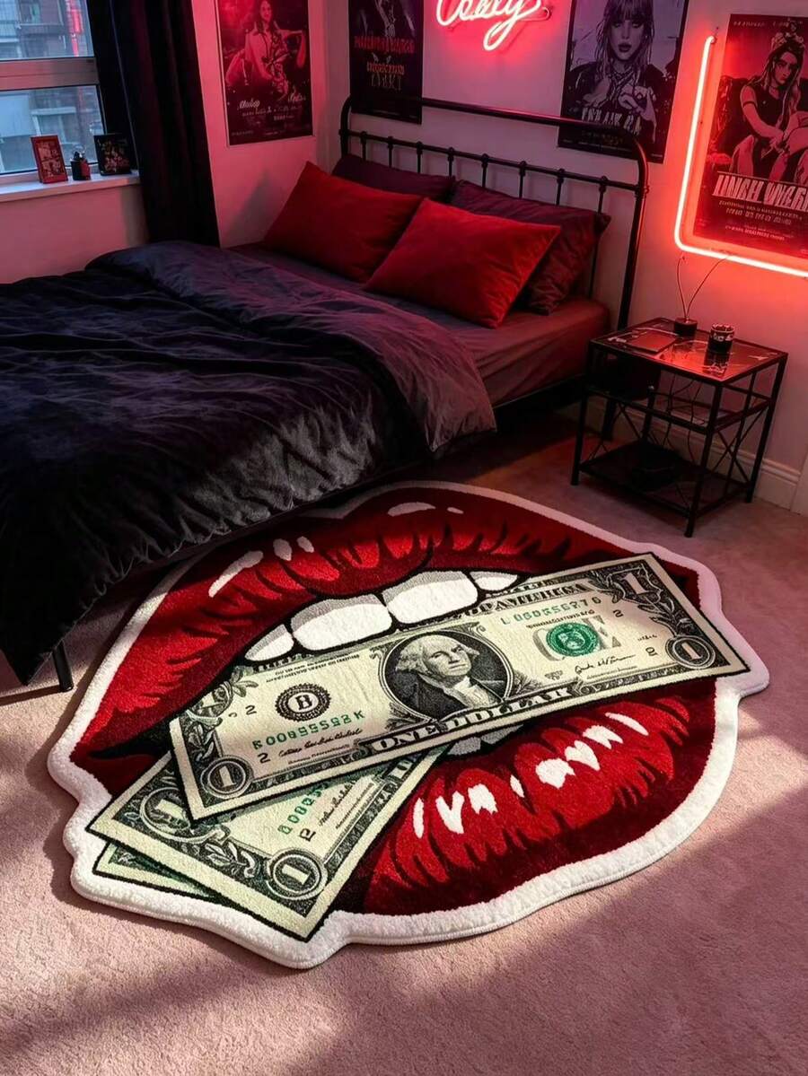 1pc Cool Red Lips Biting Dollar Bill Velvet Rug, Decorative Carpet, Bedroom Decor, Small Rug, Carpet, Home Decor, Living Room Rug, Living Room Small Rug, Bedroom Rug, Living Room Home Decor, Outdoor Rug, Washable Carpet - Red - View 1